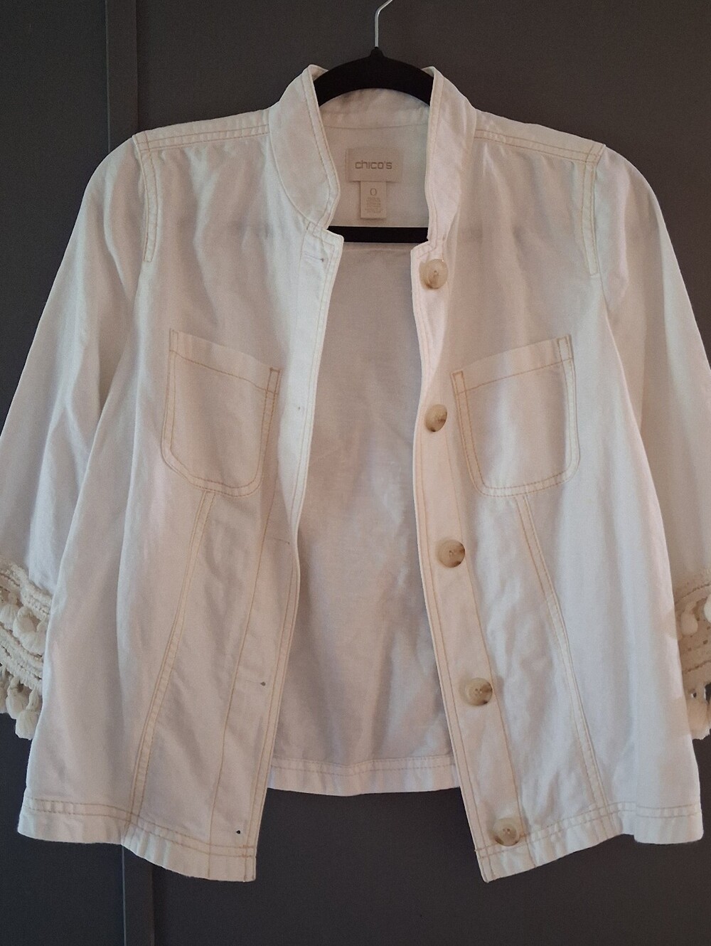 Chico's linen blend utility jacket, tassel and pom-pom trim on sleeves size 0
